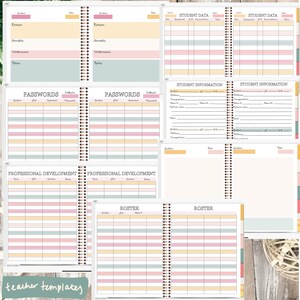 Op de afbeelding: Een printbare docentenplanner-sjabloon met secties voor studentengegevens, wachtwoorden, professionele ontwikkeling en een rooster. De sjabloon is ontworpen met een lichtroze, gele en blauwe kleurschema.