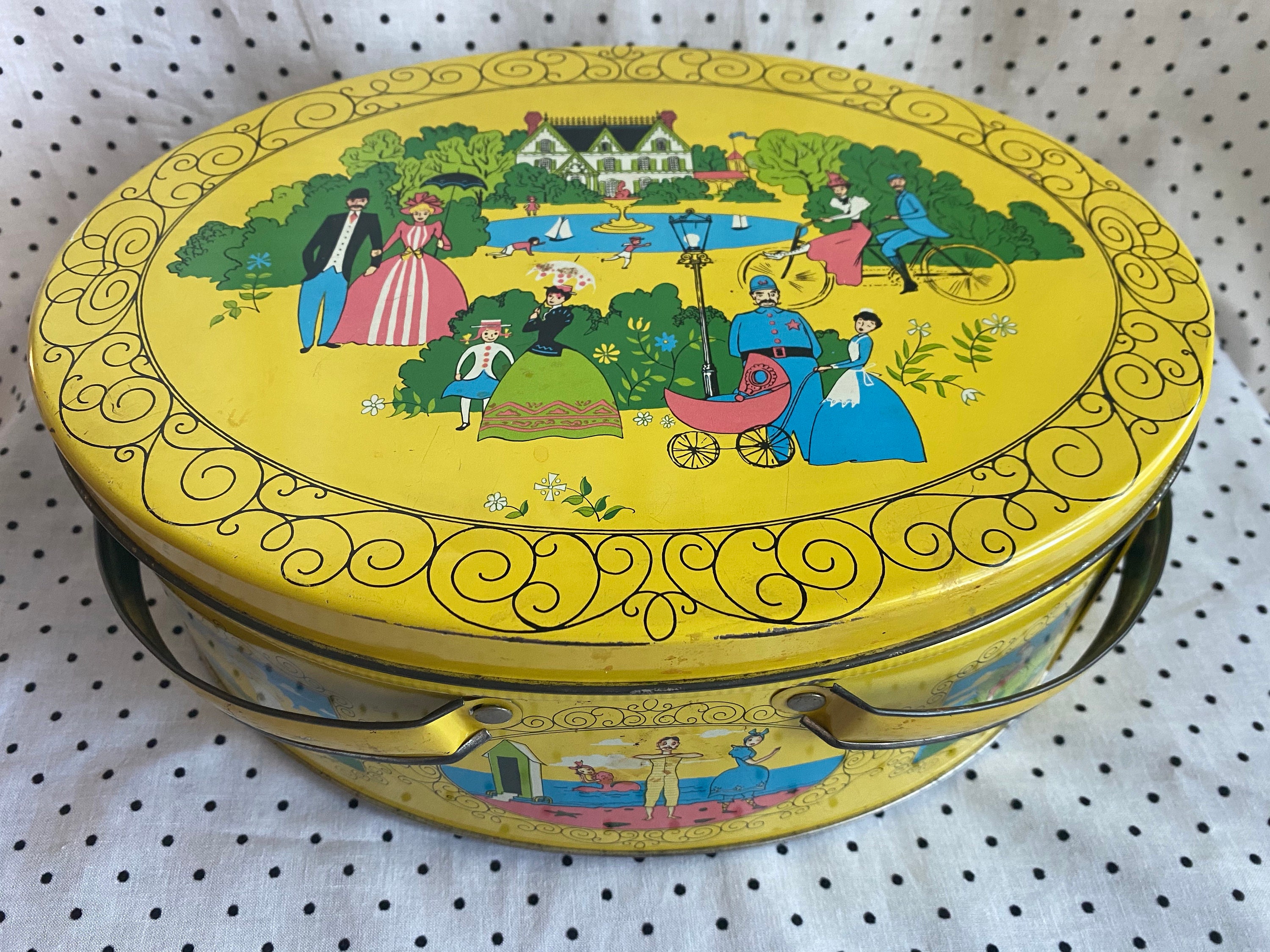 Vintage Oval Sewing Tin Yellow Etsy
