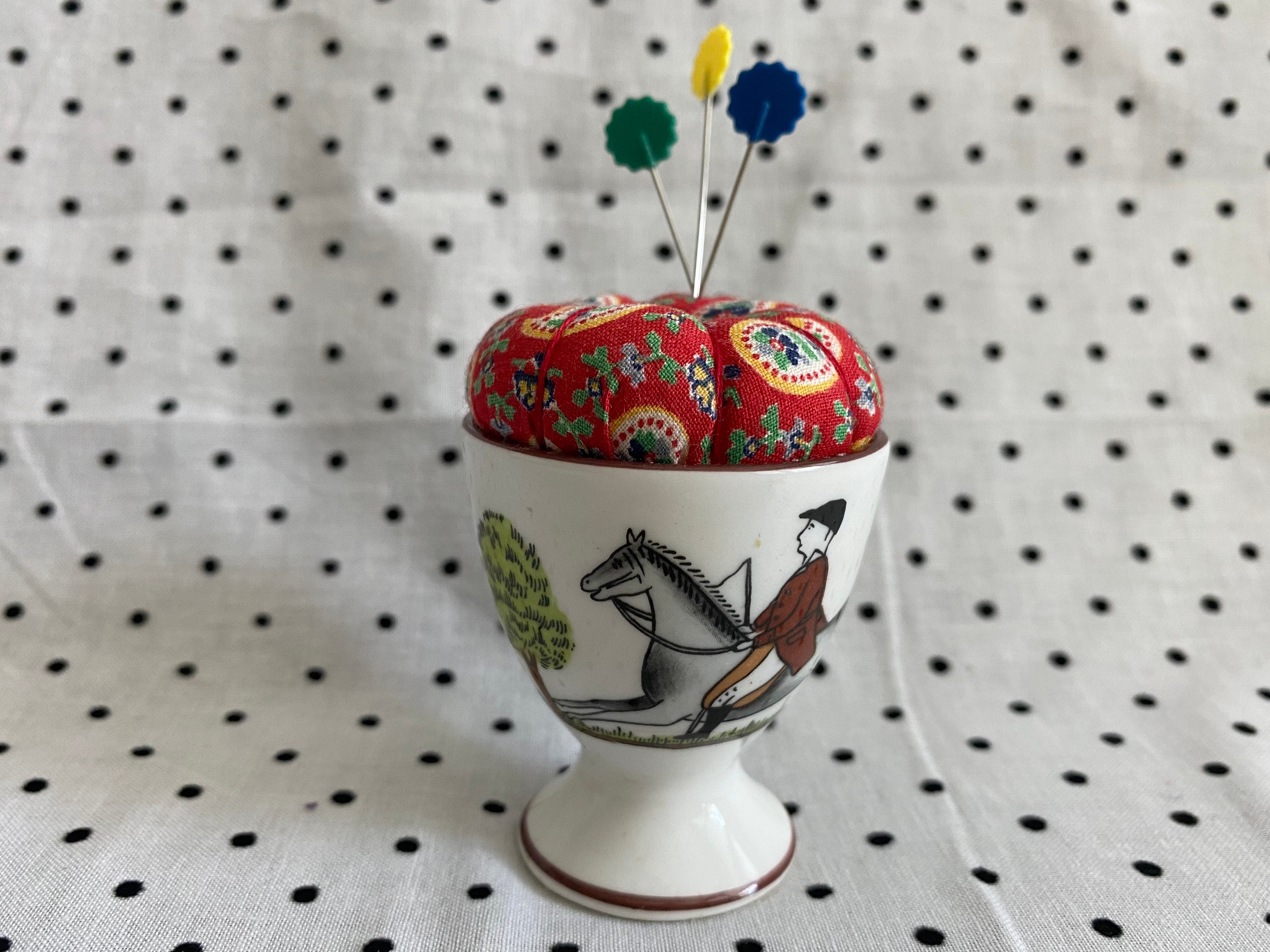 Eggcup pin cushions made using vintage Hornsea Pottery eggcups various colours and designs