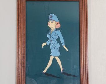 Vintage Painting Animation Style Caricature of WWII Women's USMC Reserve 16 x 23 Framed