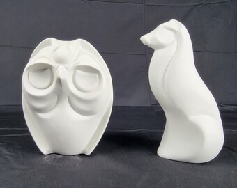 Art Deco Porcelain Sculpture, Stylized Owl and Afghan, Matte Unglazed Finish