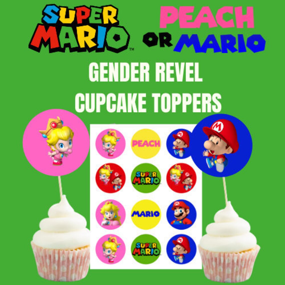 Super Mario Princess Peach Gender Reveal Cupcake Toppers, Printable