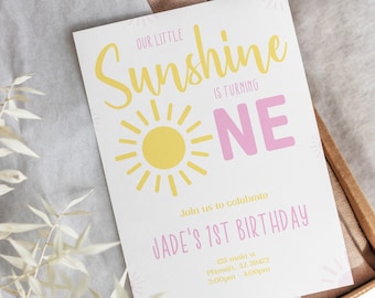 Little Sunshine Birthday Invitation, Sun Invitation, Sunshine 1st Birthday Invitation, 1st Birthday Girl, Our Little Sunshine 1st Birthday