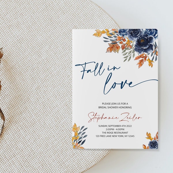 DIGITAL Fall In Love Bridal Shower Invitation | Fall Theme | Navy Blue Theme Wedding