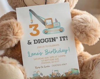 3 and Diggin’ It Birthday Invitation | Construction Theme 3rd Birthday Invite | Custom Party Invitation | Printable Birthday Invite CNTR