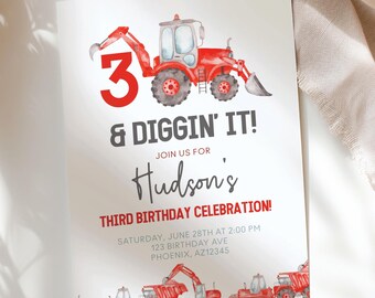 Red 3 and Diggin’ It Birthday Invitation | Construction Theme 3rd Birthday Invite | Custom Party Invitation | Printable Birthday Invite CNTR