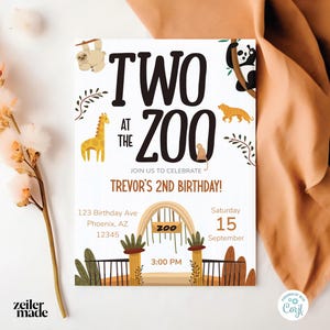Two at the Zoo Birthday Invitation | Zoo Theme 2nd Birthday Invite | Customizable Party Invitation | Printable Birthday Invite TATZO