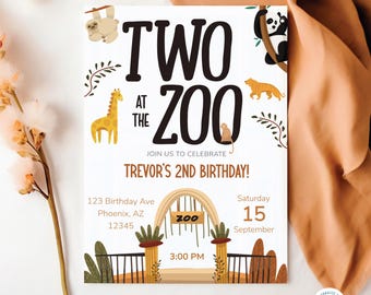 Two at the Zoo Birthday Invitation | Zoo Theme 2nd Birthday Invite | Customizable Party Invitation | Printable Birthday Invite TATZO