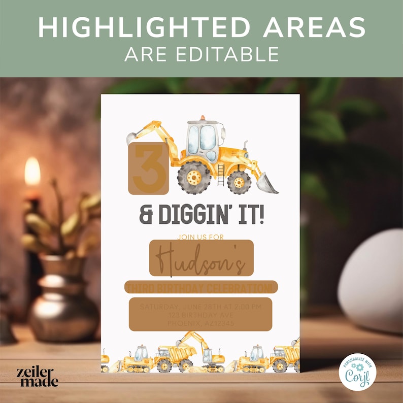 Customizable '3 and Diggin' It' construction birthday invitation with watercolor yellow excavators and construction equipment. Perfect for a boy’s third birthday celebration.