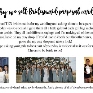 Puede incluir: Una colecci&oacute;n de fotos que muestran a una novia pidiendo a sus damas de honor que formen parte de su boda. Las fotos muestran a las damas de honor sosteniendo tarjetas con el texto "&iquest;Quieres ser mi dama de honor?" y una foto de grupo de las damas de honor con vestidos azules.