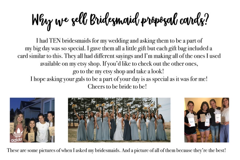 Puede incluir: Una colecci&oacute;n de fotos que muestran a una novia pidiendo a sus damas de honor que formen parte de su boda. Las fotos muestran a las damas de honor sosteniendo tarjetas con el texto "&iquest;Quieres ser mi dama de honor?" y una foto de grupo de las damas de honor con vestidos azules.