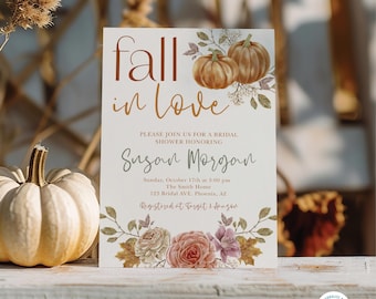 Fall Bridal Shower Invitation Template, Pumpkin Fall In Love invite Download, Editable Template, Printable Autumn floral bridal download