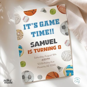 Sports Birthday Invitation | Baseball Basketball Football | Printable Sports Theme Invitation | Template Instant Download | Modern Design