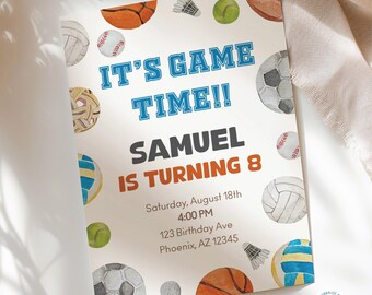 Sports Birthday Invitation | Baseball Basketball Football | Printable Sports Theme Invitation | Template Instant Download | Modern Design