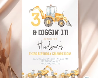 3 and Diggin’ It Birthday Invitation | Construction Theme 3rd Birthday Invite | Custom Party Invitation | Printable Birthday Invite CNTR