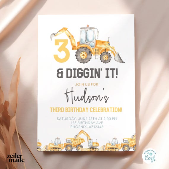 3 and Diggin’ It Birthday Invitation | Construction Theme 3rd Birthday Invite | Custom Party Invitation | Printable Birthday Invite CNTR