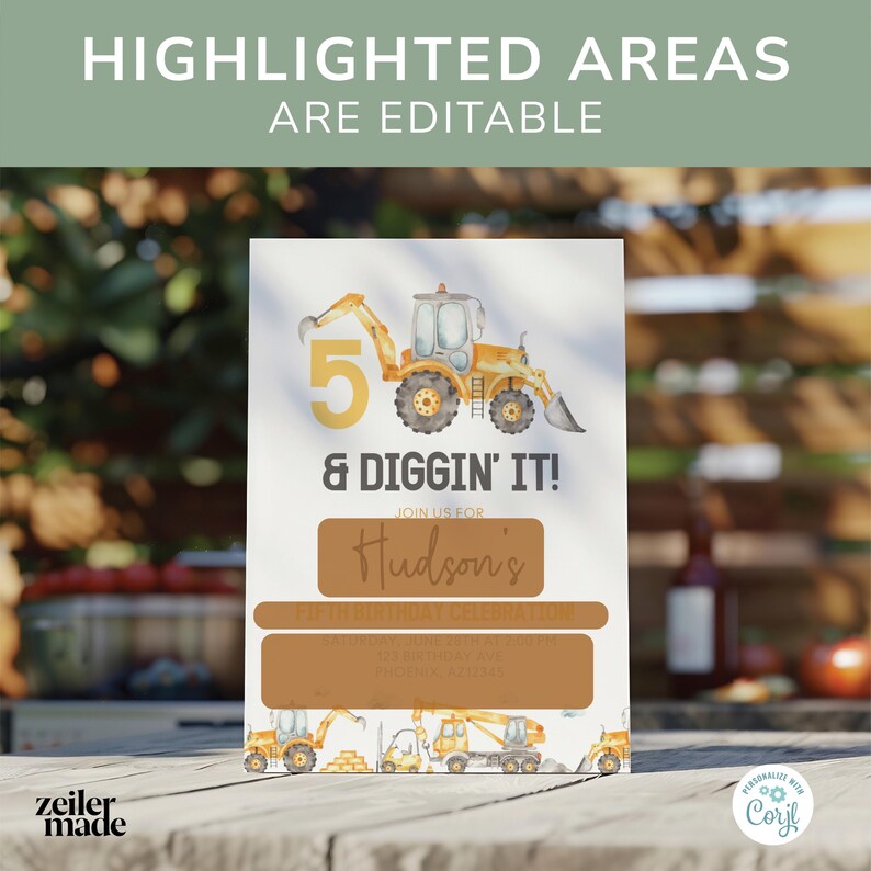 May include: A printable 5th birthday party invitation featuring a yellow construction vehicle with a brown background. The text on the invitation reads "5 & Diggin' It!" and "Join us for Hudson's 5th Birthday Celebration".