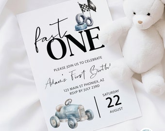 FAST ONE First Birthday Invitation, Race Car Invitation, Race Car 1st Birthday Invitation, Editable Digital Template FSTOC