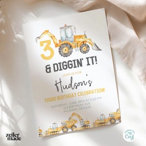 Watercolor 3rd birthday invitation featuring yellow construction trucks and machinery. Modern design for a construction-themed party, perfect for little boys. Editable digital invite for easy customization.