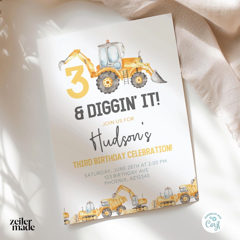 Watercolor 3rd birthday invitation featuring yellow construction trucks and machinery. Modern design for a construction-themed party, perfect for little boys. Editable digital invite for easy customization.