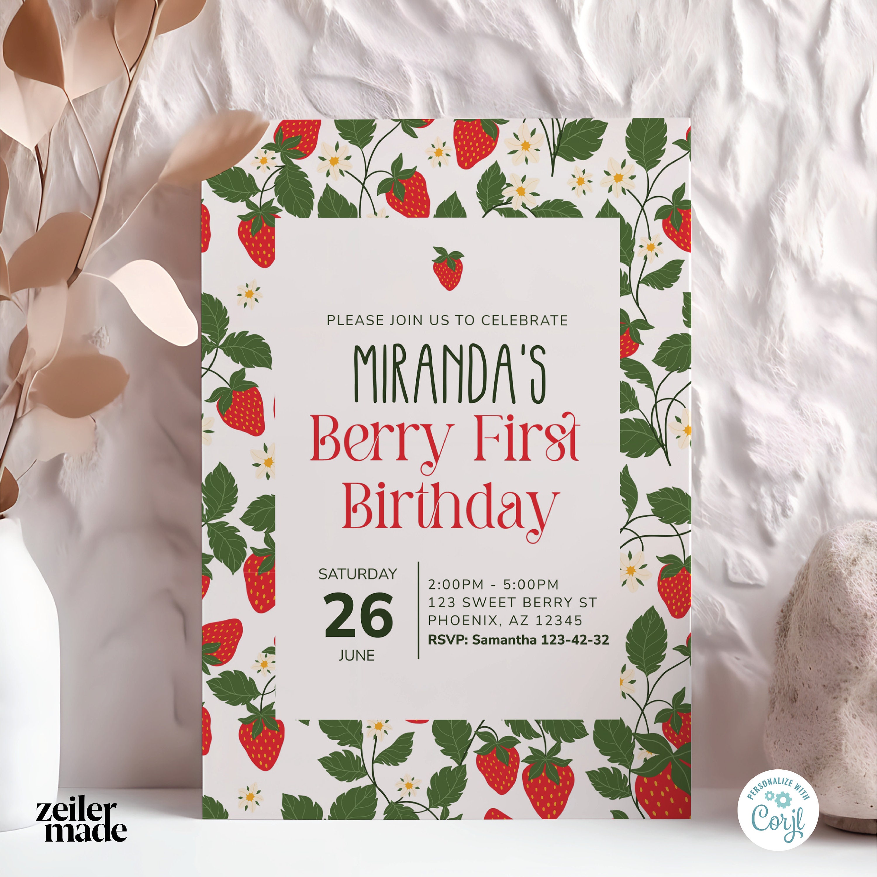 Editable Berry First Strawberry Birthday Invitation, Red Strawberry ...