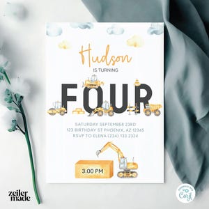 Four Construction Trucks Birthday Invitation | Construction Theme 4th Birthday Invite | Custom Party Invite | Printable Birthday Invite CNTR