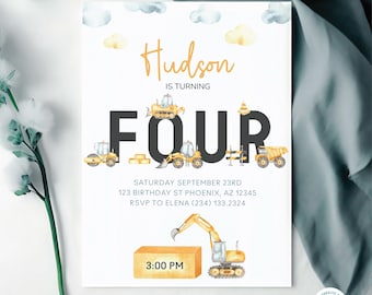 Four Construction Trucks Birthday Invitation | Construction Theme 4th Birthday Invite | Custom Party Invite | Printable Birthday Invite CNTR