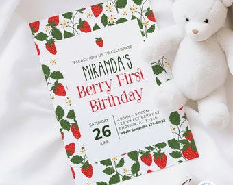 Editable Berry First Strawberry Birthday Invitation, Red Strawberry Birthday Invite, Berry Sweet Birthday Invitation Template BRYFR