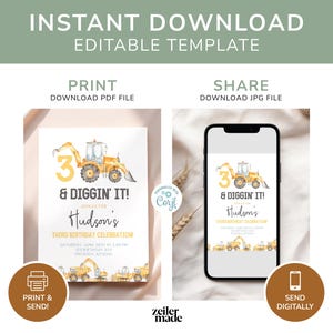 Editable digital 3rd birthday invite with yellow construction trucks in a watercolor design. Ideal for construction-themed parties with a 'Diggin' It' theme.