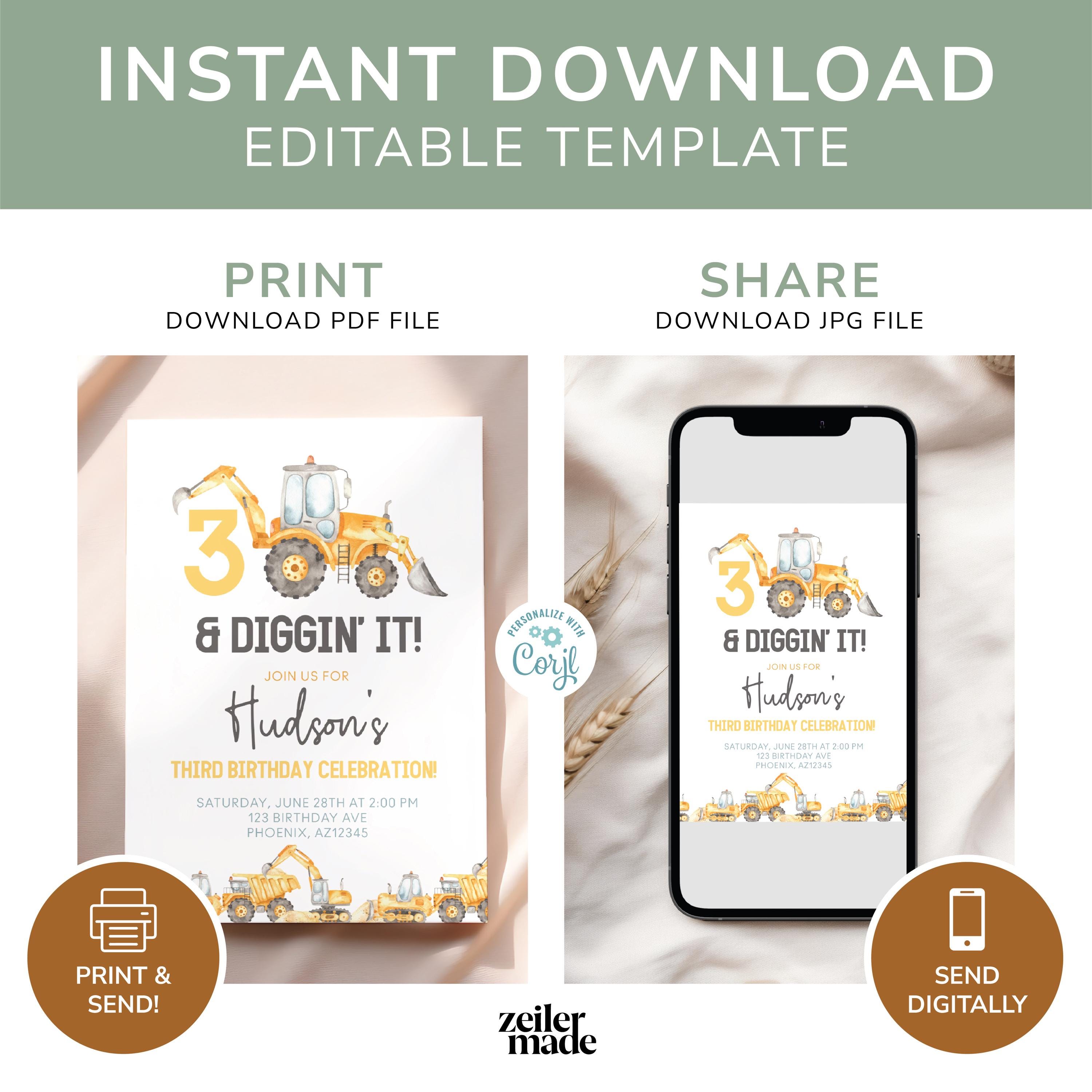 3 and Diggin' It Birthday Invitation | Construction Theme 3rd Birthday  Invite | Custom Party Invitation | Printable Birthday Invite CNTR - Etsy, image size:3000x2999
