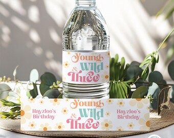 Young Wild and Three Birthday Water Bottle Labels | 3rd Birthday Water Bottle | Customizable Label | Template Instant Download YWTRE