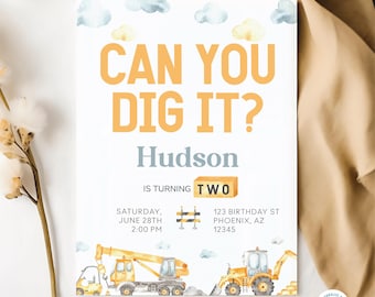 Can You Dig It? Second Birthday Invitation | Construction Theme 2nd Birthday Invite | Custom Party Invitation | Print Birthday Invite CNTR