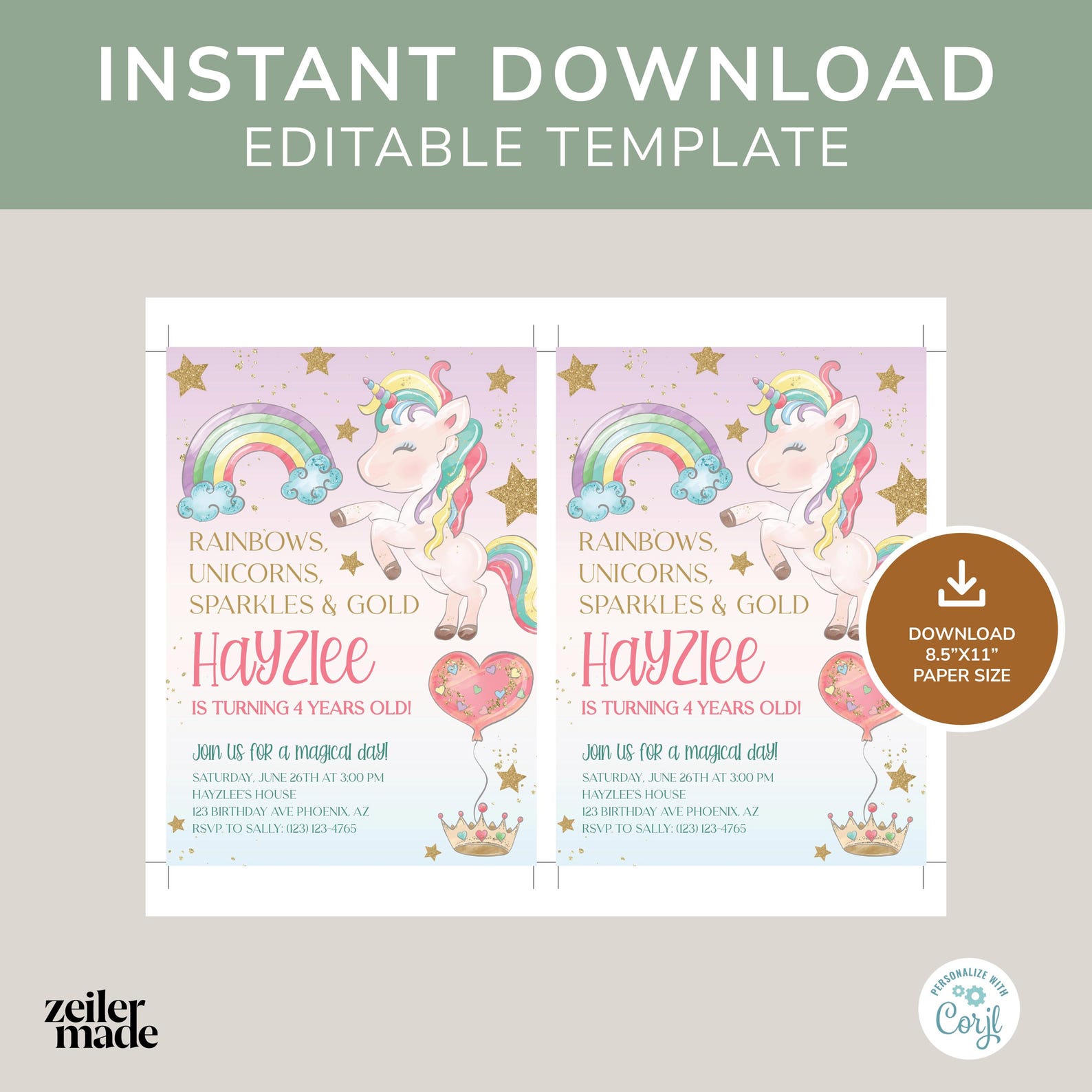 Editable Unicorn Rainbow Birthday Invitation Unicorns Rainbows Sparkles ...