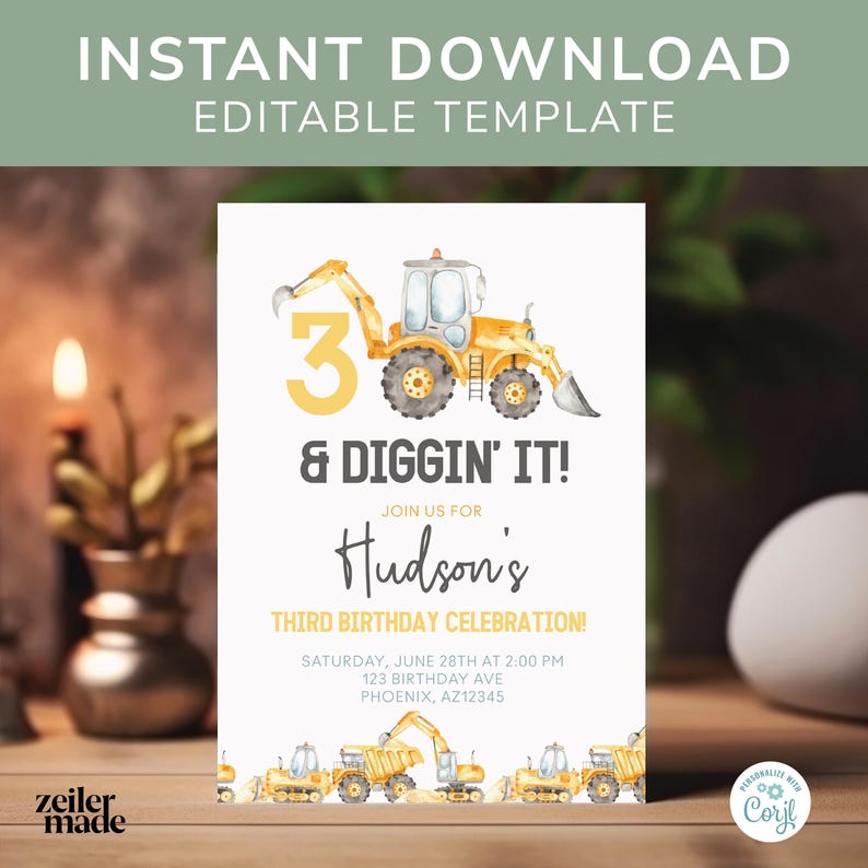Watercolor 3rd birthday invitation featuring yellow construction trucks and equipment. '3 and Diggin' It' theme with modern, minimalist design. Editable digital invite for a construction-themed party, perfect for boys.