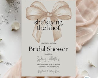 Bow Bridal Shower Invitation Template She's Tying the Knot Bridal Party Canva Template Elegant White Bow Bridal Invitation Instant Download