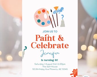 Paint and Celebrate Birthday Invitation | Art Party Invite | Customizable Painting Party Invite | Printable invite | Digital Download PNTCB