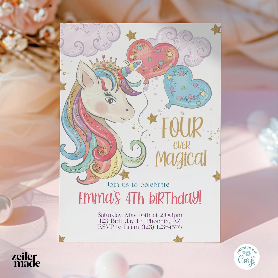 Unicorn 4th Birthday Invitation Editable Rainbow Template Magical Party ...