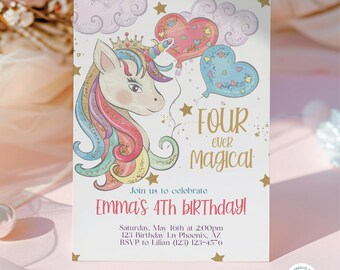 Unicorn 4th Birthday Invitation Editable Rainbow Template Magical Party Invite - Instant Download Girl Pastel Design Four Ever Magical UFEM1