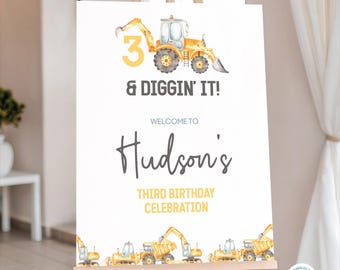 3 and Diggin’ It Birthday Welcome Sign | Construction Theme 3rd Birthday sign | Custom Party Sign | Printable Birthday Sign CNTR