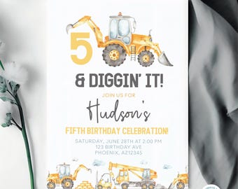 5 and Diggin’ It Birthday Invitation | Construction Theme 5th Birthday Invite | Custom Party Invitation | Printable Birthday Invite CNTR