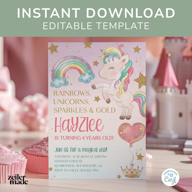 Editable Unicorn Rainbow Birthday Invitation Unicorns Rainbows Sparkles ...
