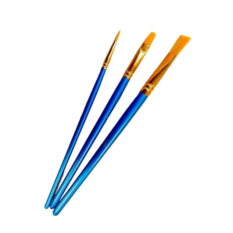 May include: Three paint brushes with blue handles and gold ferrules. The brush tips are yellow. The brushes are arranged diagonally against a white background. The brushes are for painting.