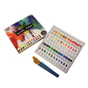 May include: A set of 24 acrylic paint tubes, each 12ml, in a white tray and box. The box features the text "Acrylic Paint" and a colorful paint splatter design. Three paint brushes with blue handles and orange bristles are also included.
