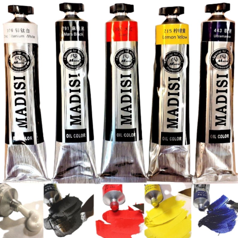 May include: Five tubes of Madisi oil paint, labeled with their colors and numbers. The colors are titanium white, Mars black, lemon yellow, and ultramarine blue. The tubes are silver with black lettering and a black and white logo.
