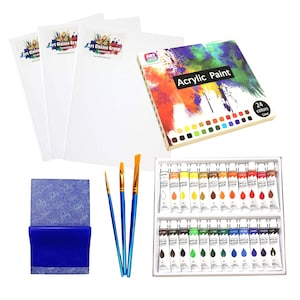 Acrylic Paint Set: 24 Colors, 3 Canvases, 3 Brushes