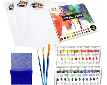 Acrylic Paint Set: 24 Colors, 3 Canvases, 3 Brushes