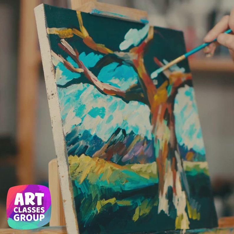 May include: An artist's hand painting a colorful landscape on a canvas. The artwork features a tree with orange and brown branches against a blue sky with white clouds. The canvas is on an easel. The logo for "ART CLASSES GROUP" is in the corner.