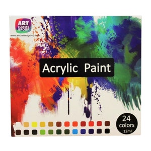 May include: A box set of acrylic paint with a colorful abstract background. The text "Acrylic Paint" is displayed on a black rectangle. The box includes 24 colors, each 12ml.