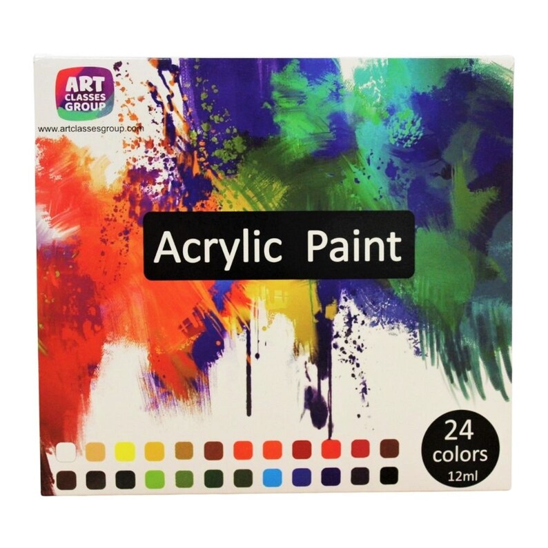 May include: A box set of acrylic paint with a colorful abstract background. The text "Acrylic Paint" is displayed on a black rectangle. The box includes 24 colors, each 12ml.