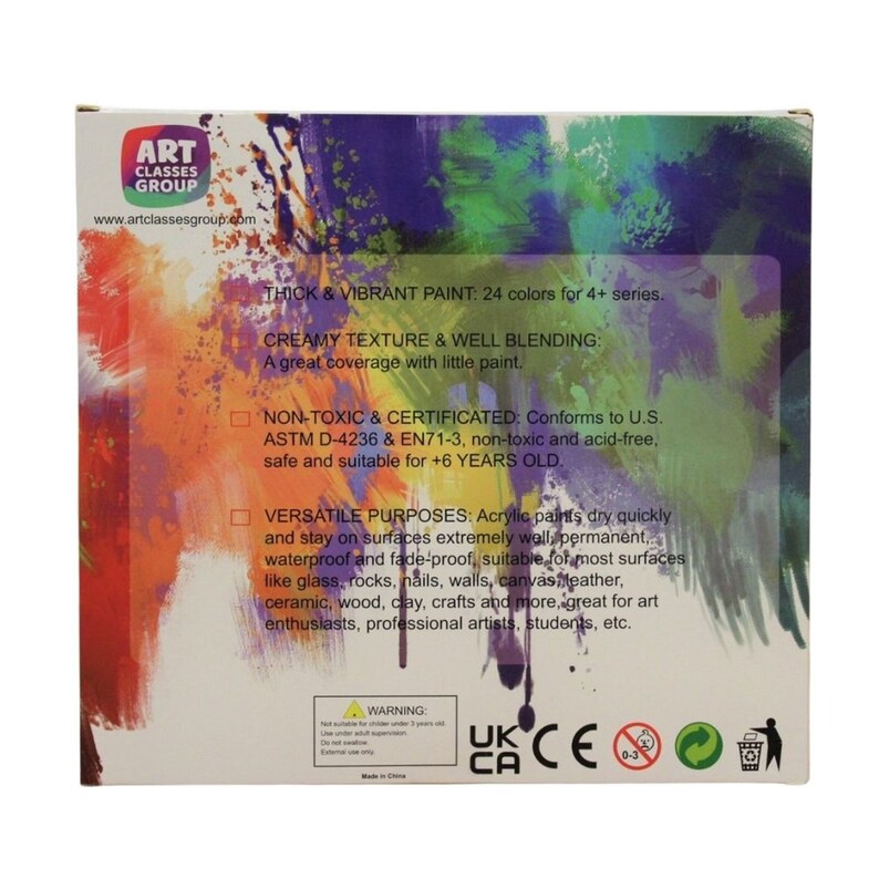 May include: A box of acrylic paints with the text "ART CLASSES GROUP" and "THICK & VIBRANT PAINT: 24 colors for 4+ series." The box has a colorful abstract design with text indicating the paint is non-toxic and suitable for ages 6 and up.